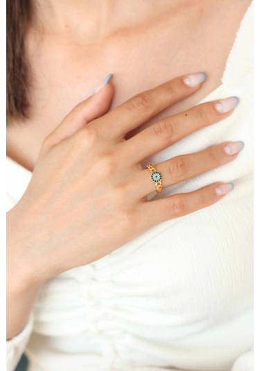 Zirkon Taşlı Nazarlı Altın Kaplama Kadın Yüzük Çok Renkli