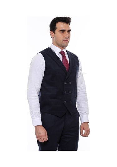 Wessi Kruvaze Yakalı Kareli Desenli Erkek Yelek - Lacivert