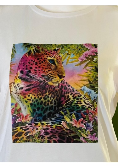 %100 Pamuk Basic Bisiklet Yaka Örme 3 Boyutlu Renkli Kaplan Baskı T-shirt Beyaz