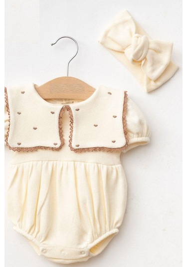 Kız Bebek Maita Kalp Nakışlı Waffle Yazlık Tulum Ekru