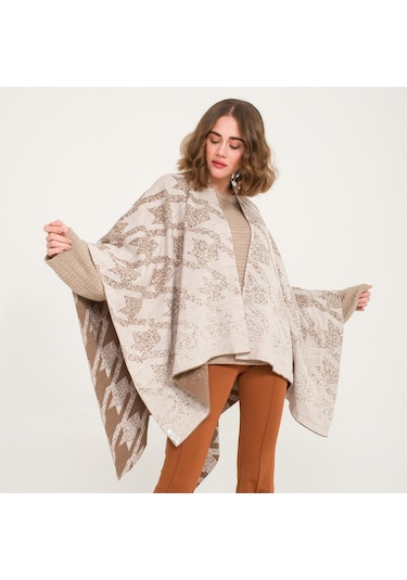 Kaz Ayağı Desen Çift Taraflı Triko Kadın Şal Panço-Kahverengi-140X140 Kahverengi