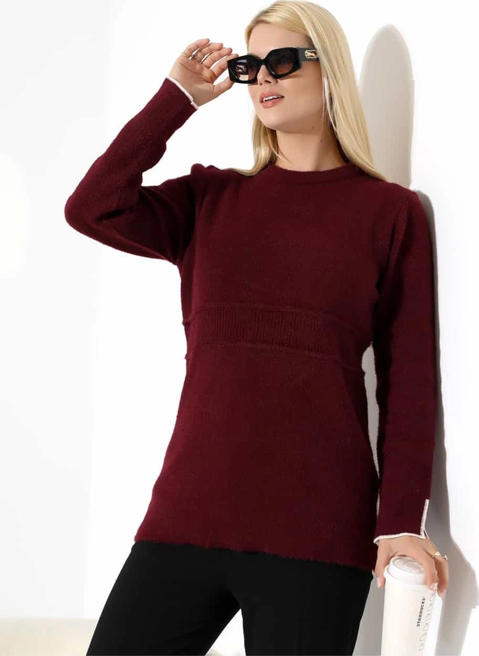 Bel Detaylı Yumuşak Triko Kazak Bordo