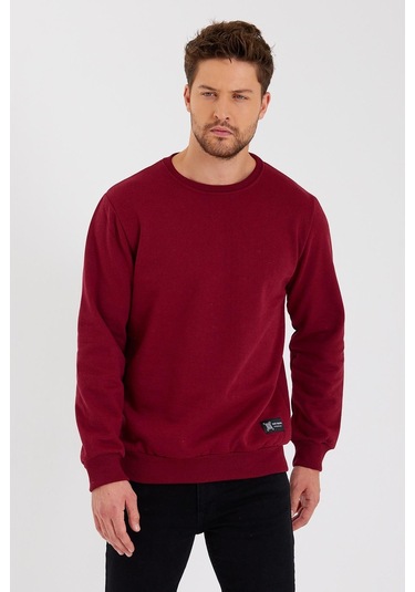 MMetalic Bisiklet Yaka Etiket Detayı İçi Pamuklu Erkek Sweatshirt Bordo