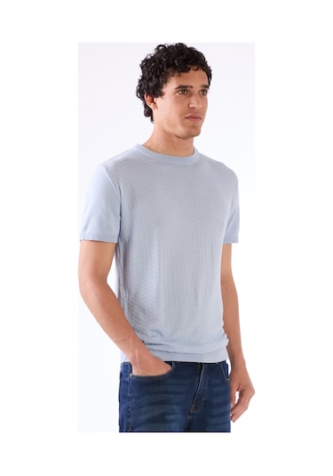 Dufy Buz Mavisi O Yaka Düz Renk Kısa Kollu Slim Fit Triko Tshirt Buz Mavisi
