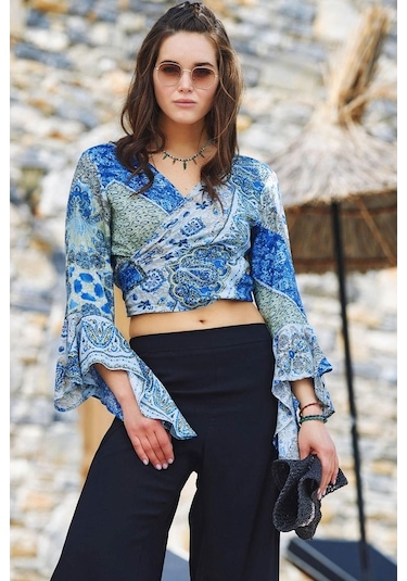Los Banditos İspanyol Kol Crop Bluz Mavi Babil