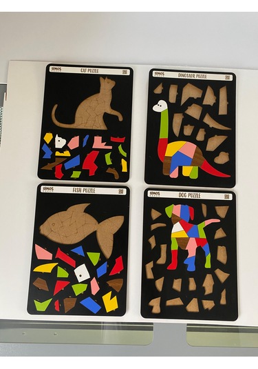 Dinozor, Kedi, Köpek Ve Balık Sevimli Hayvanlar Puzzle 4'Lü Set