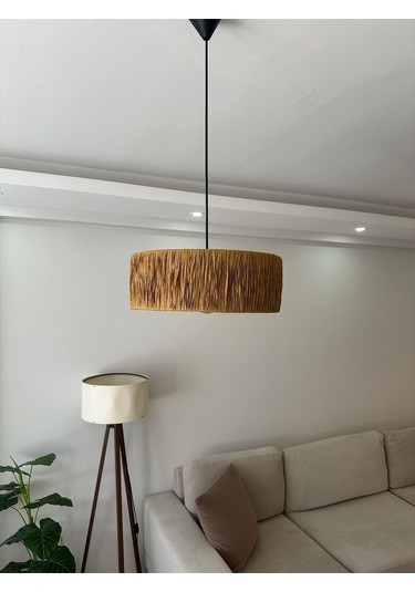 El Yapımı Bohem Silindir Rustik Rafya Avize Ahşap