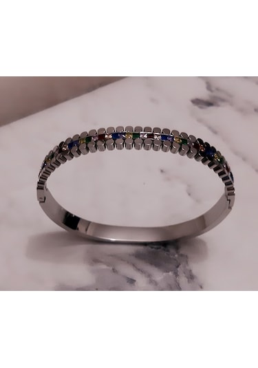 Giftworld Çelik Silver Taşlı Kelepçe Bileklik