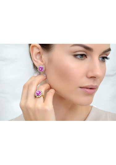 El İşçiliği Pembe Gül Detaylı Vintage Stil Gümüş Ve Bronz Yüzük Küpe Otantik Takı Seti Mod113 Gümüş