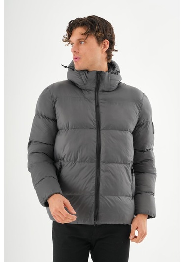 Erkek Kapüşonlu Fermuarlı Cepli Kışlık Şişme Kısa Mont Antrasit
