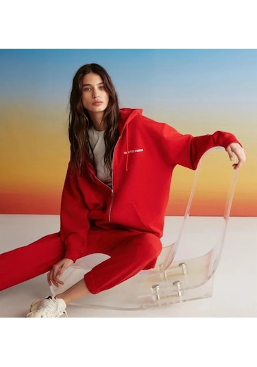 Ametıs Kadın Oversize Organik Pamuklu Metal Fermuarlı Kapüşonlu Kırmızı Sweatshirt