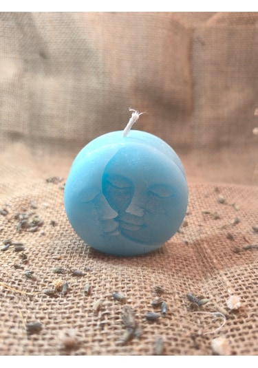 Güneş Ve Ay Yüzlü Dekoratif Mum, Tek Renk Açık Mavi