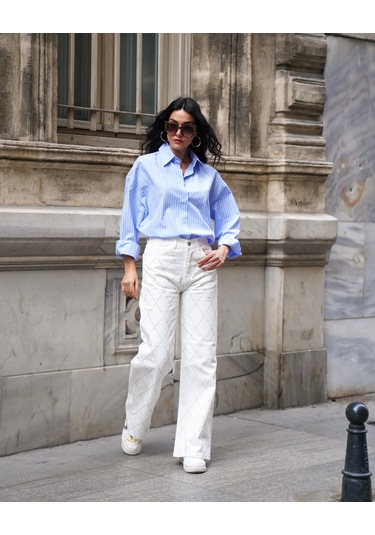 Kadın Beyaz Renk Palazzo Önü Starlight Parlak Taşlı Tasarım Denim Beyaz