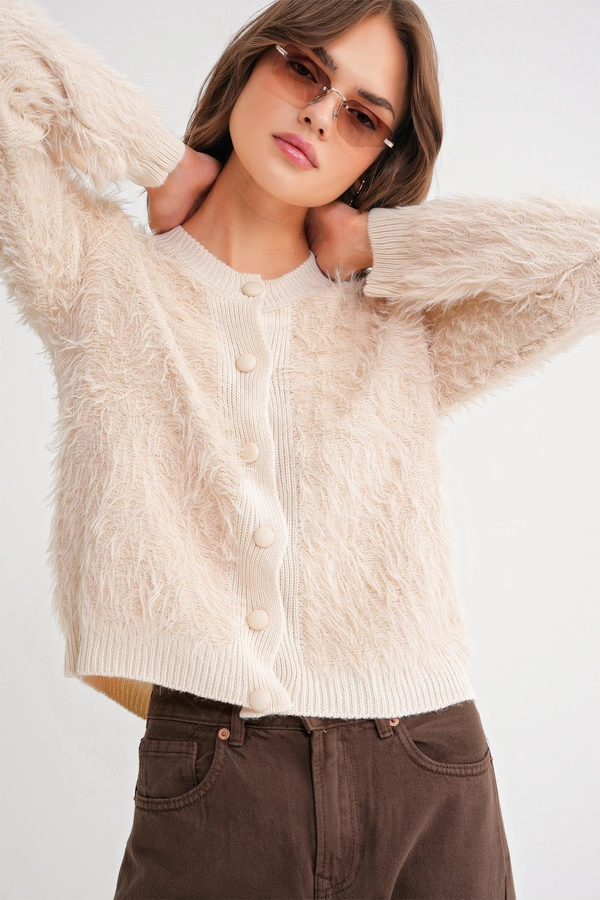 6897 Kadın Uzun Sakallı Bant Detaylı Triko Hırka Naturel Naturel