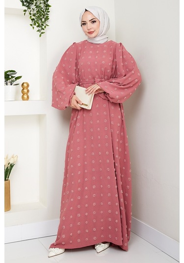 Kuşaklı Ponpon Detay Ayrobin Elbise 1538 - Gül Kurusu Gül Kurusu