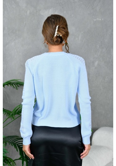 Kadın Bisiklet Yaka Kolları Ajurlu Basic Triko Kazak Bebe Mavi