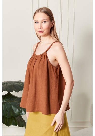 Şık Farklı Tarz Keten Işıl Bluz - Zarif Ve Modern Tasarım Kiremit