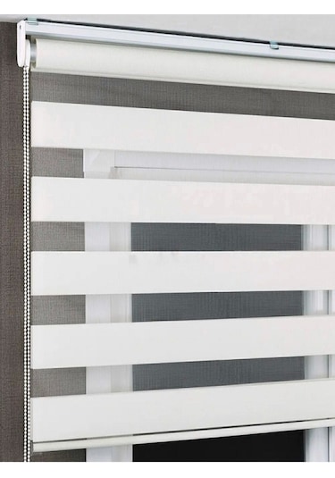Beyaz Bambu Zebra Stor Perde Eteği Düz Aküminyum Kasa Metal Ayak Beyaz
