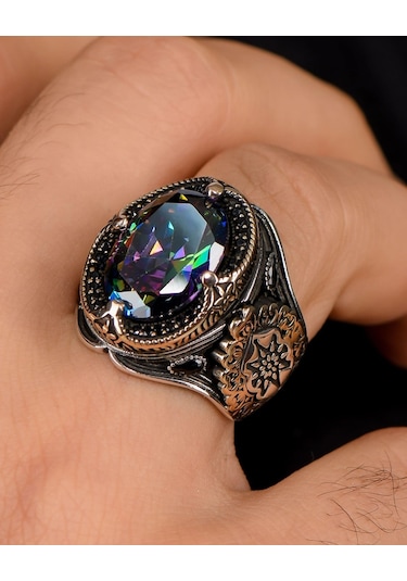 Prestij Gümüş 925 Ayar Gümüş Mistik Topaz Taşlı Zirkon Taş Süslemeli Erkek Yüzüğü