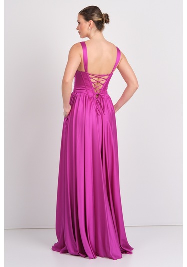 Doridorca Kadın Derin V Yaka Sırttan Bağlamalı Maxi Abiye Elbise 7091 Fuşya Fuşya