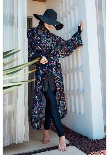 Remsa Tesettür Mayo Üzerine Tek Kaftan Kimono Pareo Siyah04 Rp035 Yağmur Lacivert