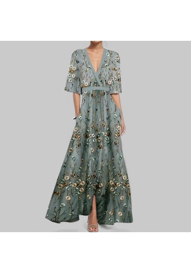 Kadın Modası Zarif Mizaç V Yaka Baskılı Daralan Pileli Büyük Etek Uzun Elbiseler Beyaz