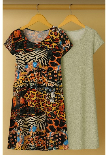 2 Adet Dökümlü Rahat Kalıp Günlük Penye Kumaş Elbise Kahverengi - Yeşil