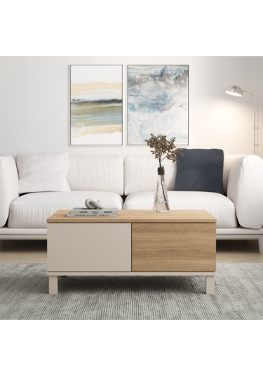 Robin Home Urban Orta Sehpa Ahşap Ayaklı 2 Çekmeceli Kumsal-sepet Bej