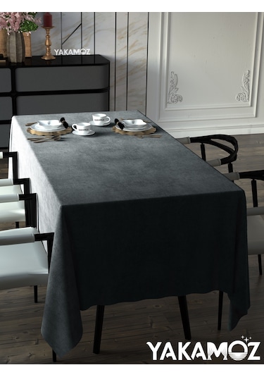 Gümüş Grisi Kadife Dokulu Masa Örtüsü Dertsiz Velvet Touch Serisi Gümüş Grisi