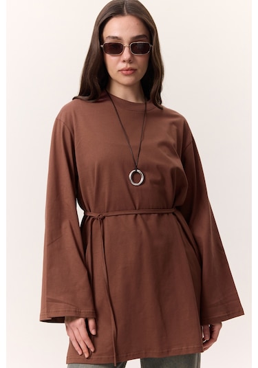 Bağlama Detaylı Oversıze Tshırt Ağaç Kabuğu Ağaç Kabuğu Çok Renkli