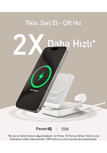 Anker Maggo Katlanabilir 3'ü 1 Arada Kablosuz Şarj İstasyonu Beyaz