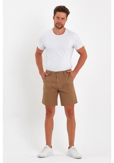 Erkek Likralı Yandan Cepli Kot Şort Hardal