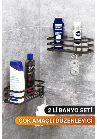 Bino Y01 4 Askılı Yapışkanlı 2'li Şampuanlık Organizer Banyo Askısı Siyah