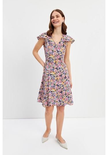Stella Pulvis Çok Renkli Volanlı Kuplu V Yaka Midi Elbise Çok Renkli