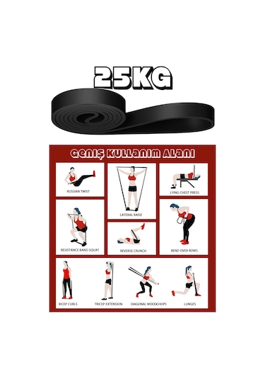 25 Kg Direnç Bandı Kas Geliştirme Lastiği Fitness Pilates Cross Training Bant Siyah - Sert Siyah