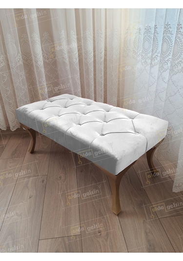 Kapitoneli Ayak Ucu Kapı Önü Antre Bench Puf Gold Ayak 120 45 Beyaz