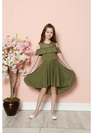 Aymeravm - Omuz Pencereli Göğsü Dantelli Kız Çocuk Elbise - C... (536885580) Haki