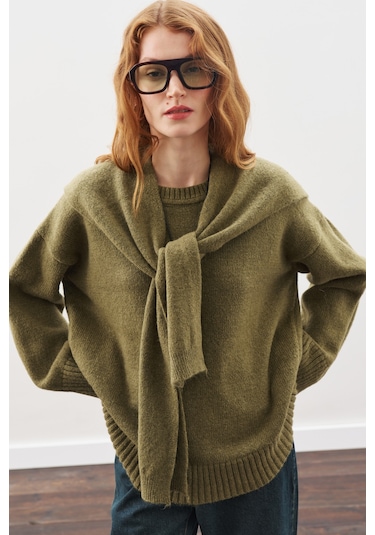 Kare Yaka Bağlamalı Triko Atkı Koyu Yeşil Koyu Yeşil