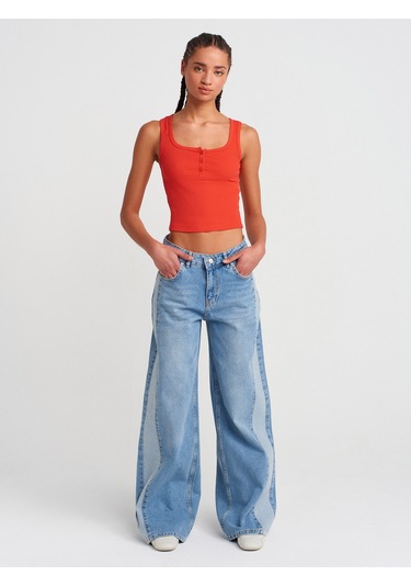 Dilvin 20983 Düğmeli Kare Yaka Top-Koyu Kırmızı