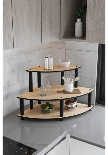Dekoratif Oval Köşe 3 Katlı Tezgah Üstü Raf 50 Cm X 50 Cm Safir Meşe Meşe