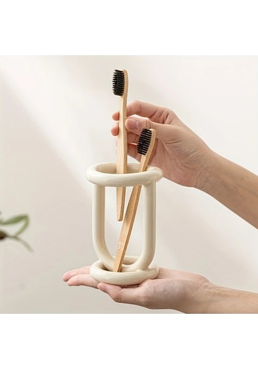 Elmpaly Bej Seramik Diş Fırçası Tutucu - Masada Diş Macunu Ve Fırça Düzenleyici Bej