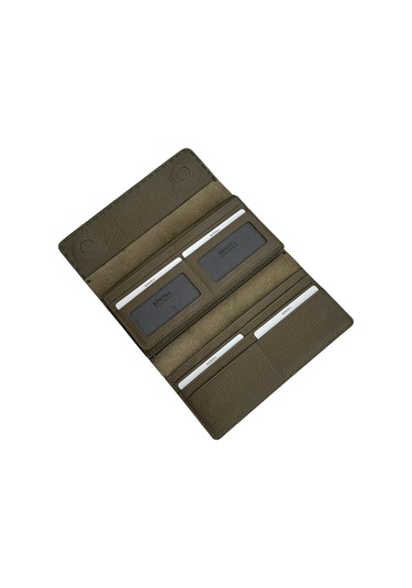 Haki Yeşil %100 Hakiki Deri Dikiş Detaylı Gizli Mıknatıslı Kapaklı Özel Tasarım Kadın Cüzdan Portföy Haki