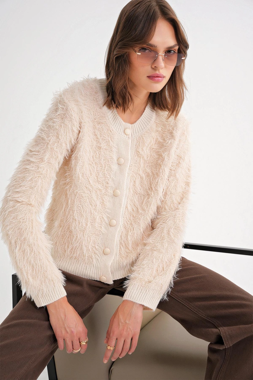 6897 Kadın Uzun Sakallı Bant Detaylı Triko Hırka Naturel Naturel