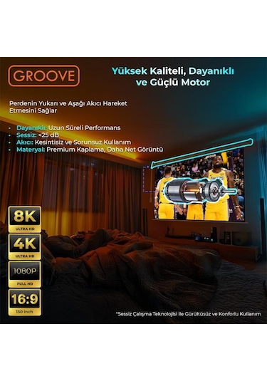Groove Vizio Pro 150 Inch Blackout Işık Geçirmez Elektrikli Otomatik Kumandalı Projeksiyon Perdesi 332x188cm +motorlu+canlı Renkler+göz Koruması+leke Tutmaz Projector