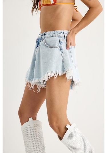 Shade Kadın Püsküllü Yüksek Bel Denim Şort 8026 60283268 - Buz Mavisi