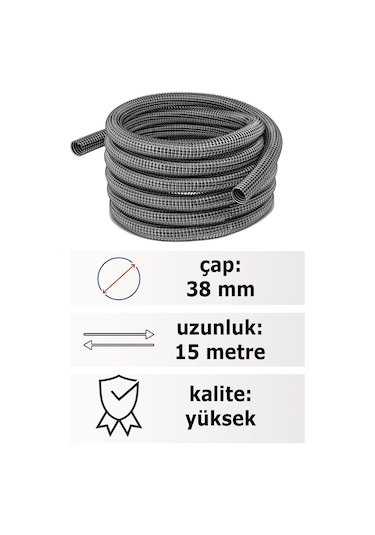 Powerwash Marka Sanayi Tipi Süpürgelere Uyumlu 15 Metre Çelik Telli Hortumu 38 Mm Çaplı