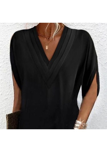 Kadın Elbise V Yaka Pilili Yarım Yarasa Kollu Düz Renk Gevşek Yumuşak Nefes İşe Gidip Diz Üstü Mini Elbise Siyah