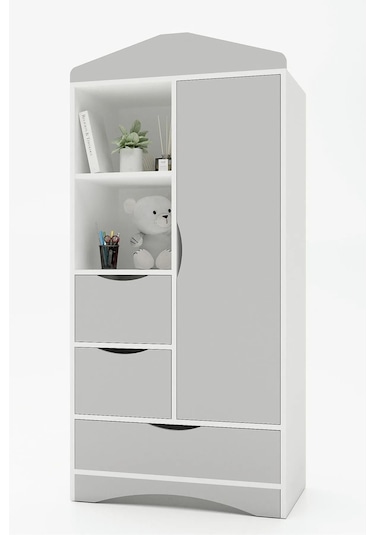 Floradesign Gardırop / Elbise Dolabı / Çocuk Genç / Raflı Ve Çekmeceli Gri Beyaz