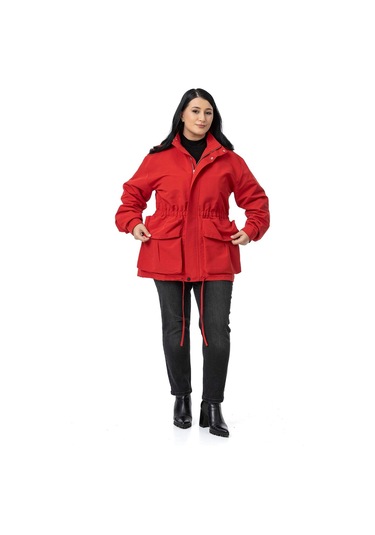 Büyük Beden Çıtçıt Ve Fermuar Kapamalı Beli Büzgülü Astarlı Kırmızı Trençkot Kırmızı