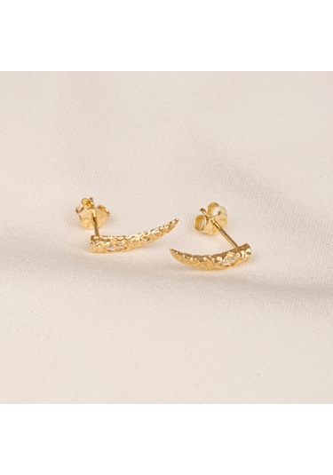 Altın Küpe - 14 Ayar Altın Minimal Taşlı Dövülü Küpe Sarı